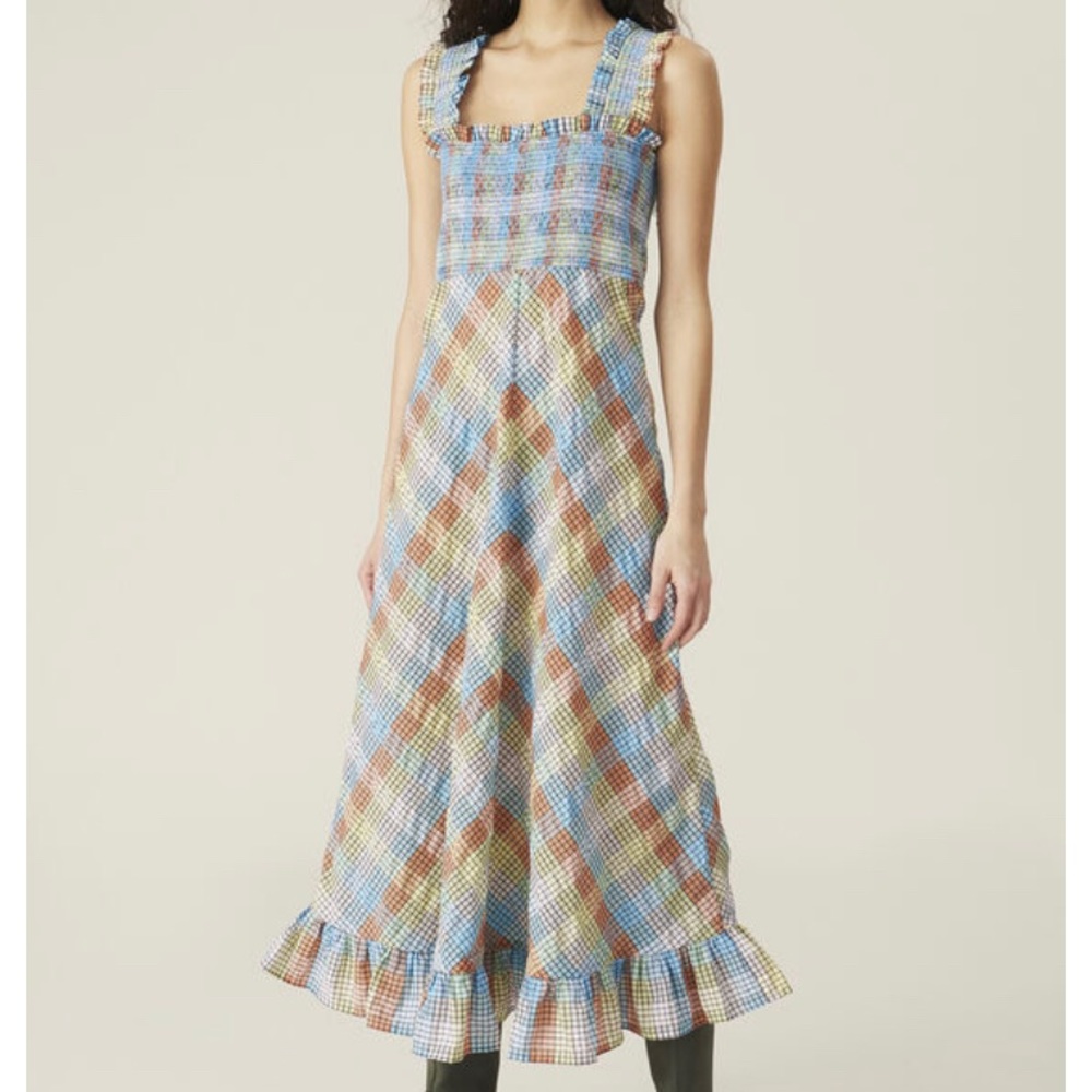 Ganni Seersucker Maxi Dress Orange Blue Plaid